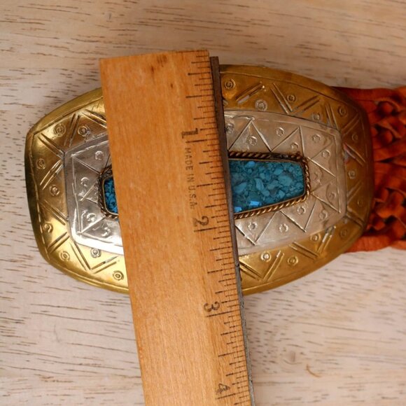 Chico's Moroccan Brown Leather Woven Belt Brass Silver Tone Buckle L - Picture 14 of 15